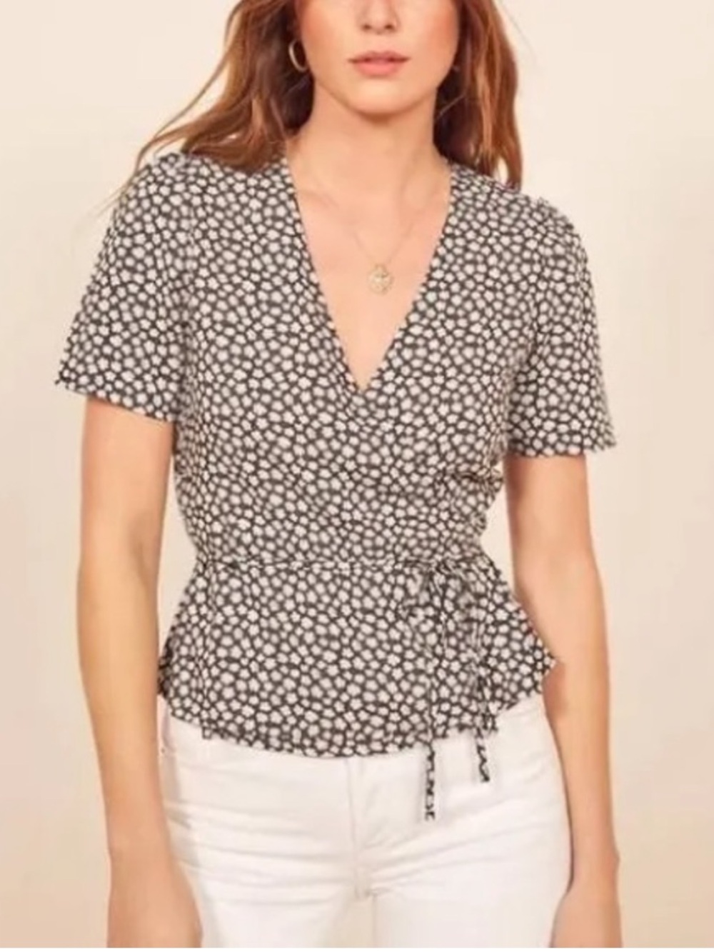 Reformation Maxine Wrap Top Black White Ditsy Floral Blouse V-Neck Medium
